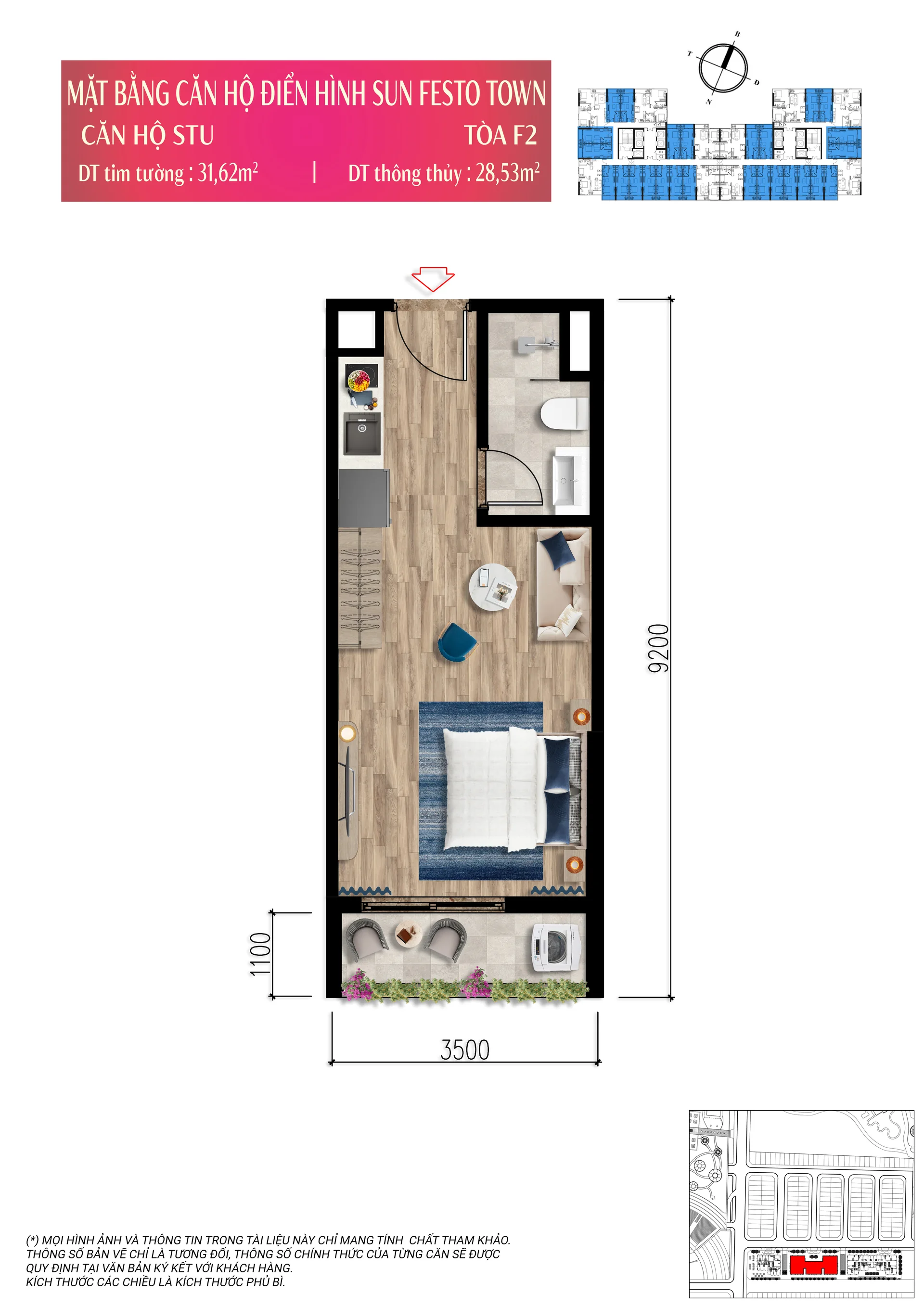 Layout căn hộ Studio diện tích thông thủy khoảng 28m2 tòa F2 Sun Festo Town Hạ Long