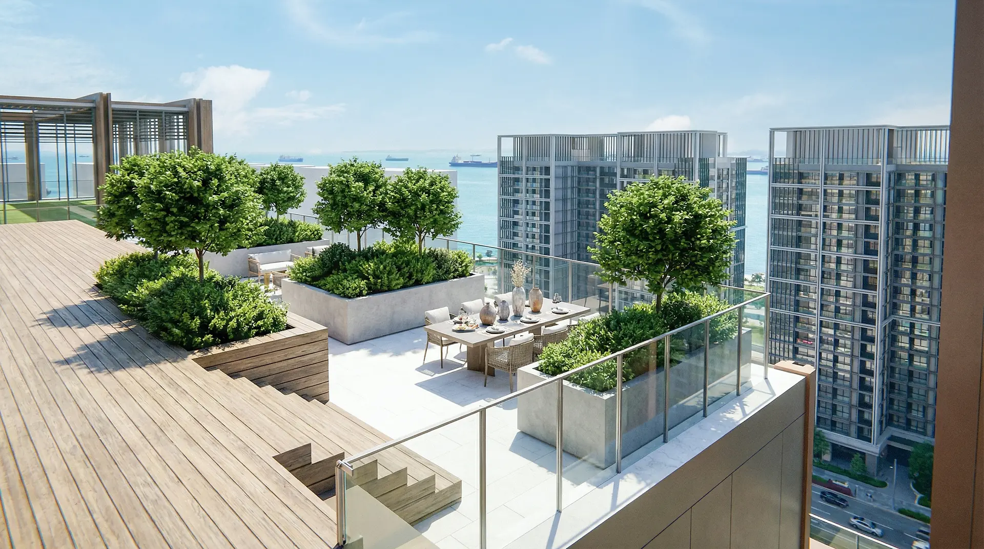 Sky garden và terrace lounge tại các khoảng giật cấp tòa tháp Sun Festo Town Hạ Long hướng vịnh Hạ Long