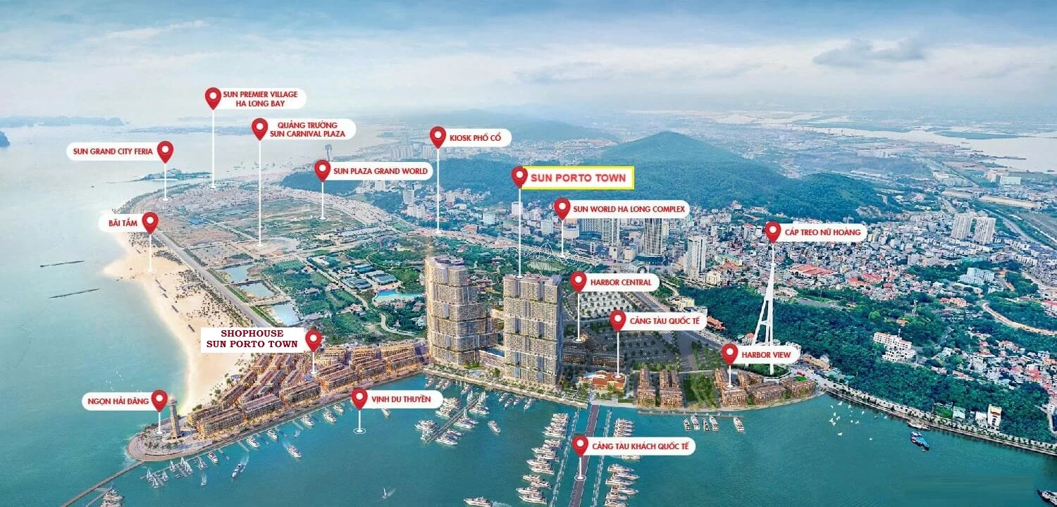 Vị trí dự án Sun Porto Town trên đường Kỳ Quan, phường Bãi Cháy, Quảng Ninh Bản đồ vị trí shophouse Sun Porto Town cạnh cảng tàu khách quốc tế Hạ Long