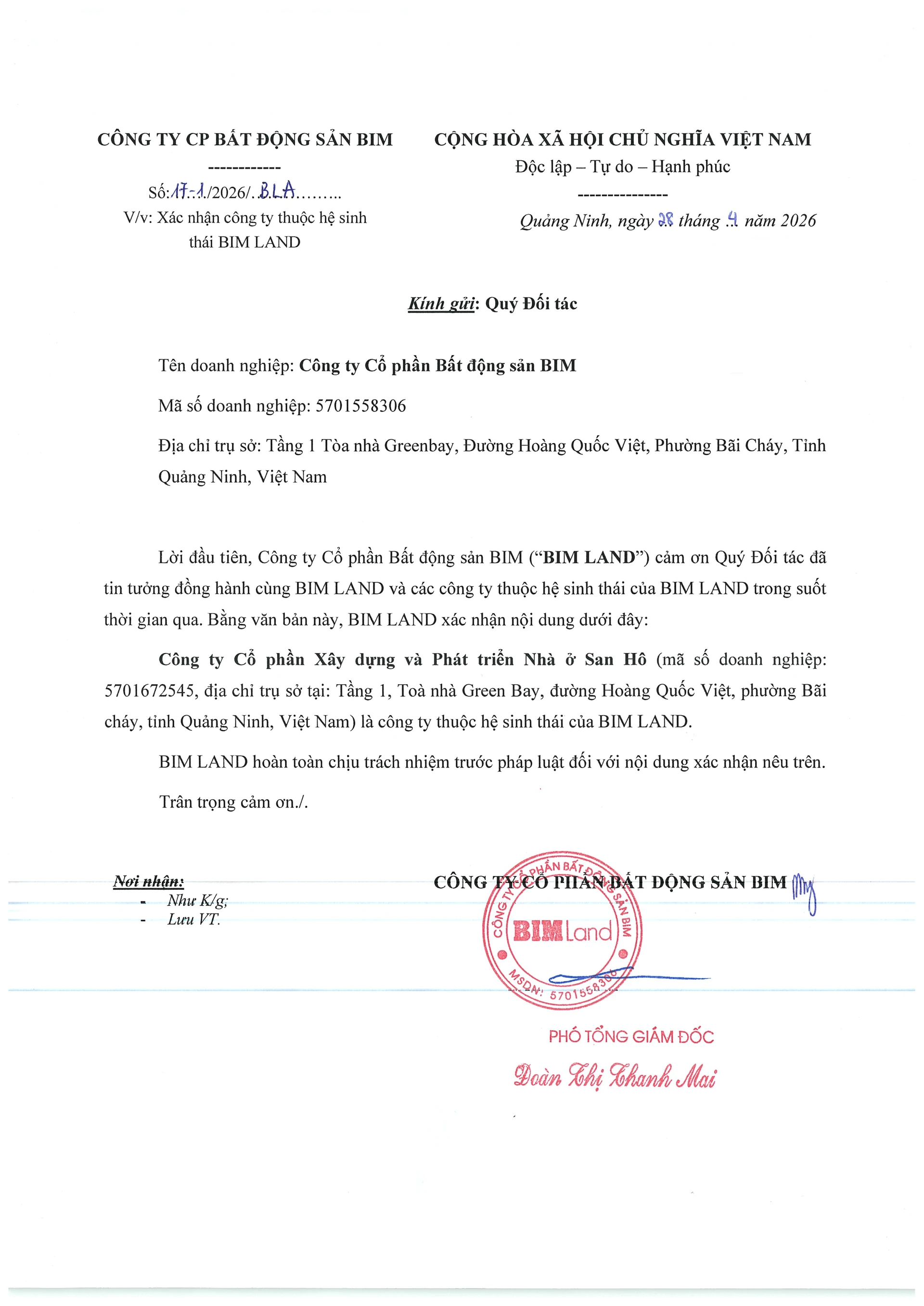 Văn bản BIM Land xác nhận Công ty Cổ phần Xây dựng và Phát triển Nhà ở San Hô thuộc hệ sinh thái BIM Land