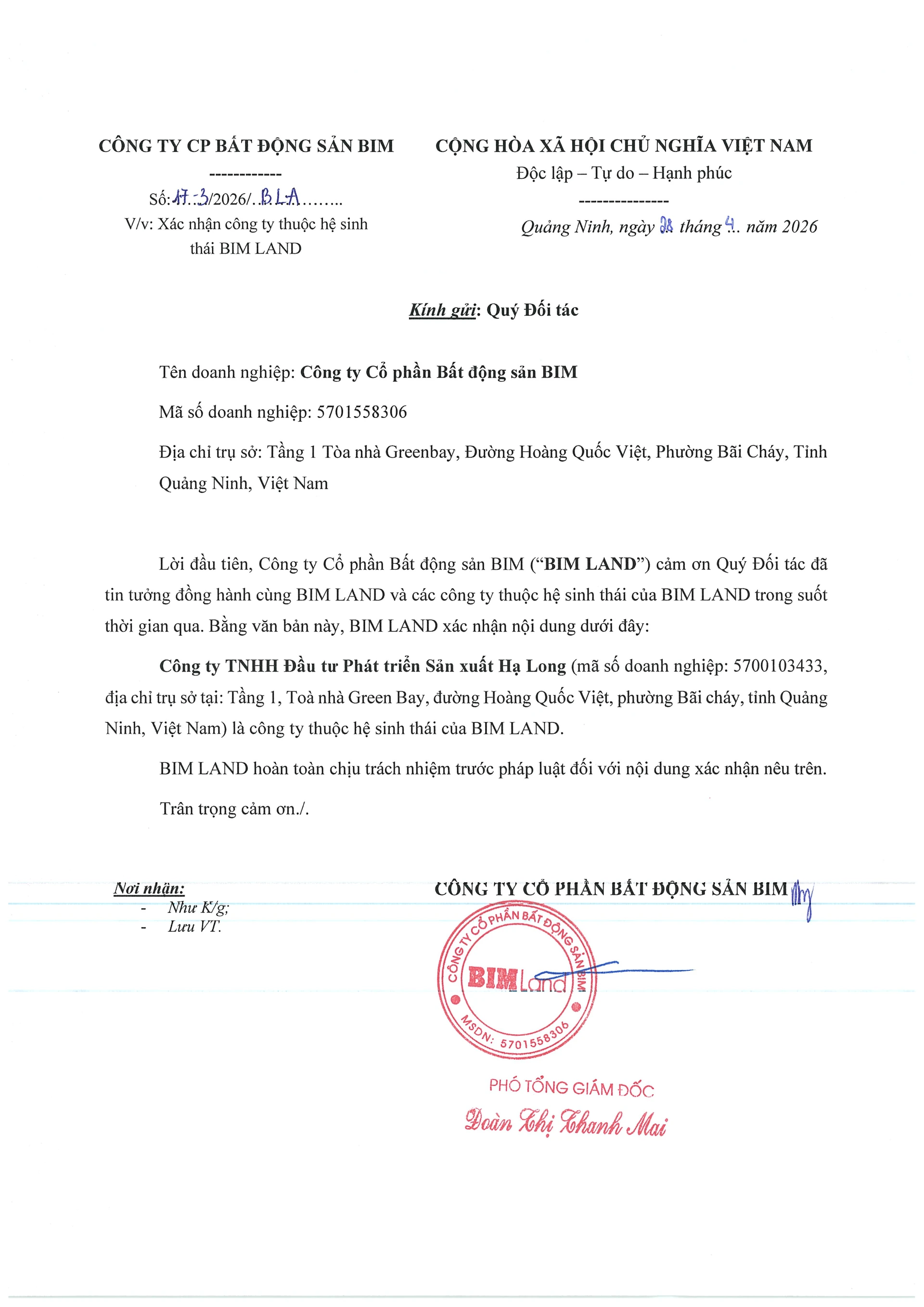 Văn bản BIM Land xác nhận Công ty TNHH Đầu tư phát triển sản xuất Hạ Long, chủ đầu tư Prima Bay Hạ Long, thuộc hệ sinh thái BIM Land