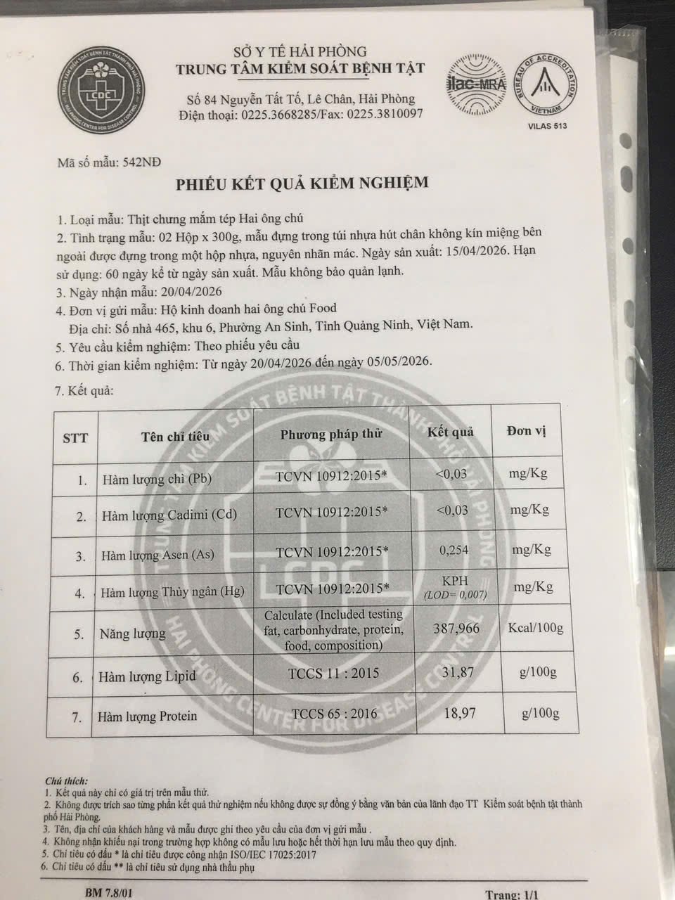 Phiếu kết quả kiểm nghiệm mẫu 542NĐ - Thịt chưng mắm tép