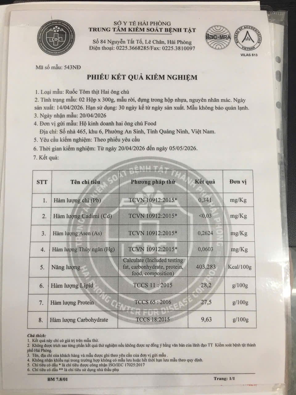 Phiếu kết quả kiểm nghiệm mẫu 543NĐ - Ruốc tôm thịt