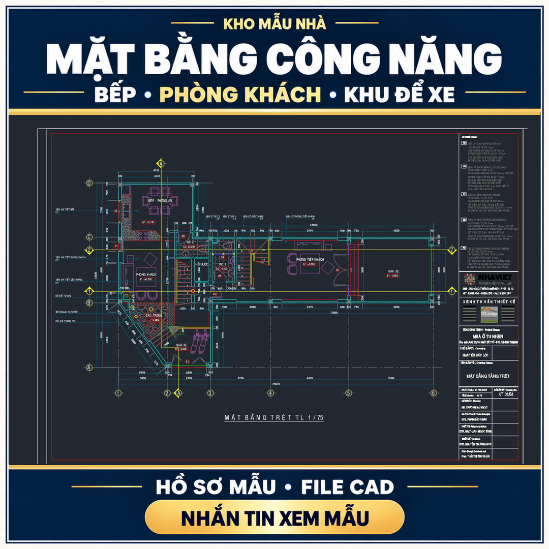 Mặt bằng công năng – Bếp, phòng khách và khu để xe