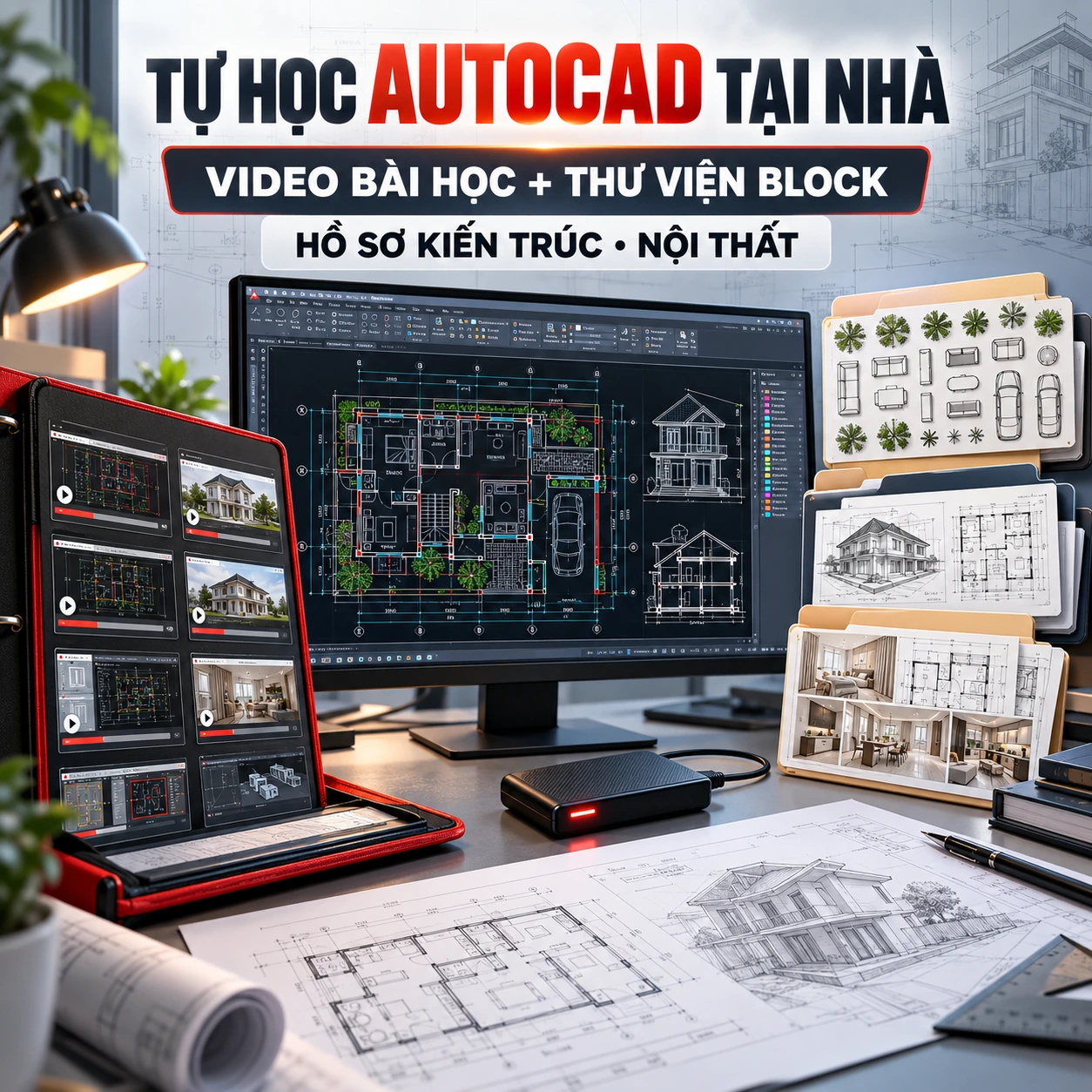 Bộ tự học AutoCAD tại nhà gồm video bài học, thư viện block và hồ sơ kiến trúc nội thất