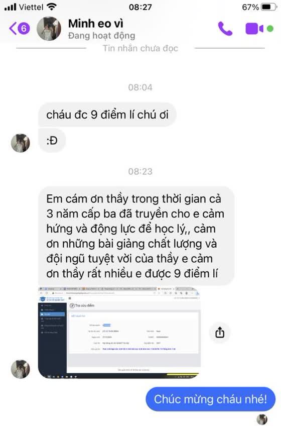 Tin nhắn học viên đạt 9 điểm Lý