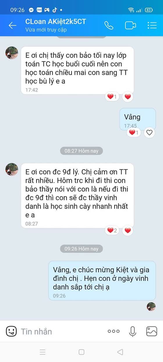 Phụ huynh nhắn con được 9 điểm Lý