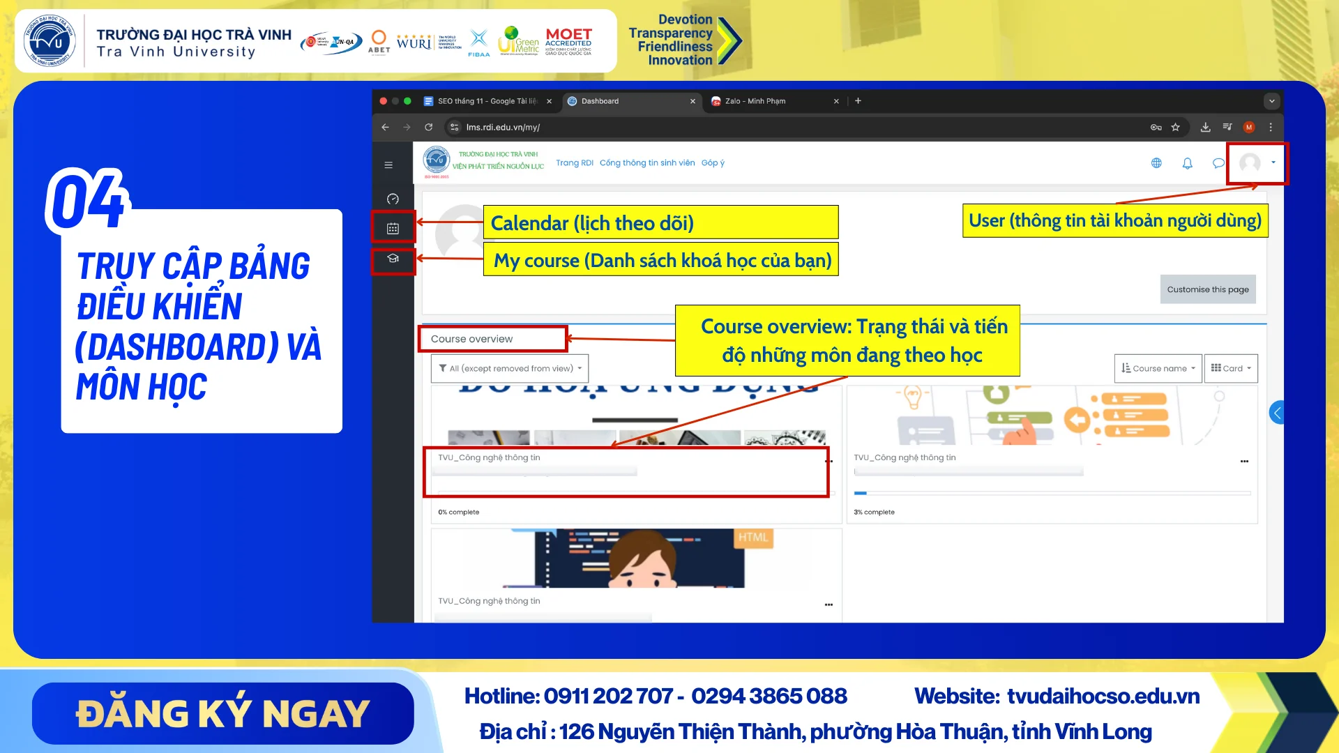 Bước 4: Truy cập bảng điều khiển (Dashboard) và và danh sách môn học.