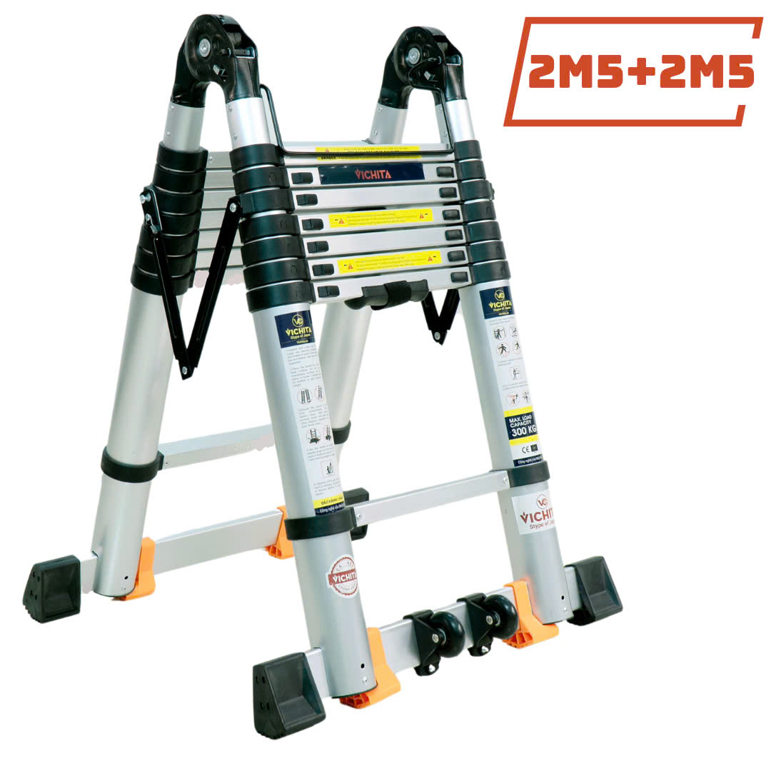Thang nhôm rút đôi chữ A VICHITA 5.0M (2.5M + 2.5M) Bản cao cấp