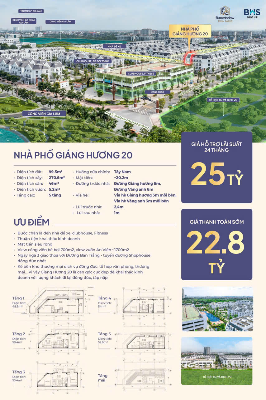 Bán nhà phố Eurowindow Twin Parks, diện tích 99.5m2 x 5 tầng | Giá 22,8 tỷ