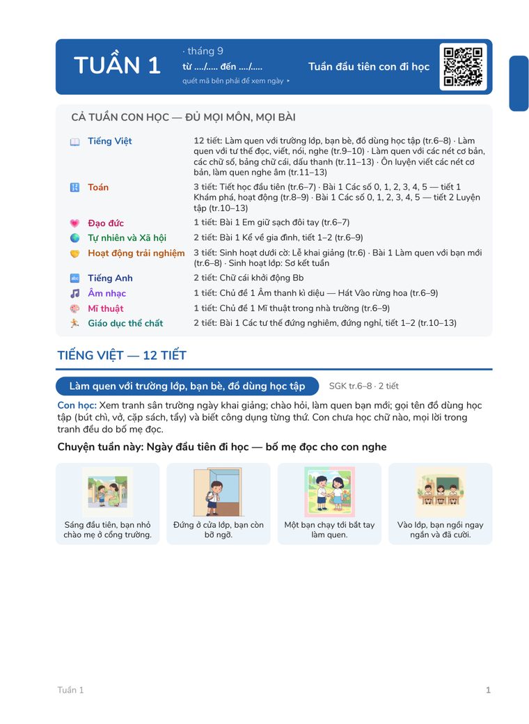 Trang mẫu: “Cả tuần con học” — Tuần 1