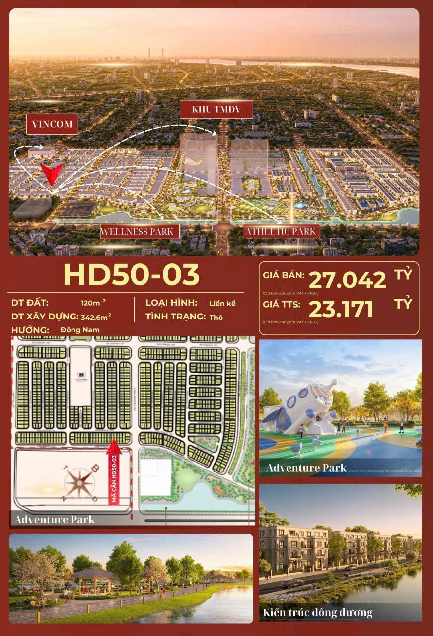 Bán liền kề HD50-03 Vinhomes Đan Phượng 120m2, Giá 23 tỷ