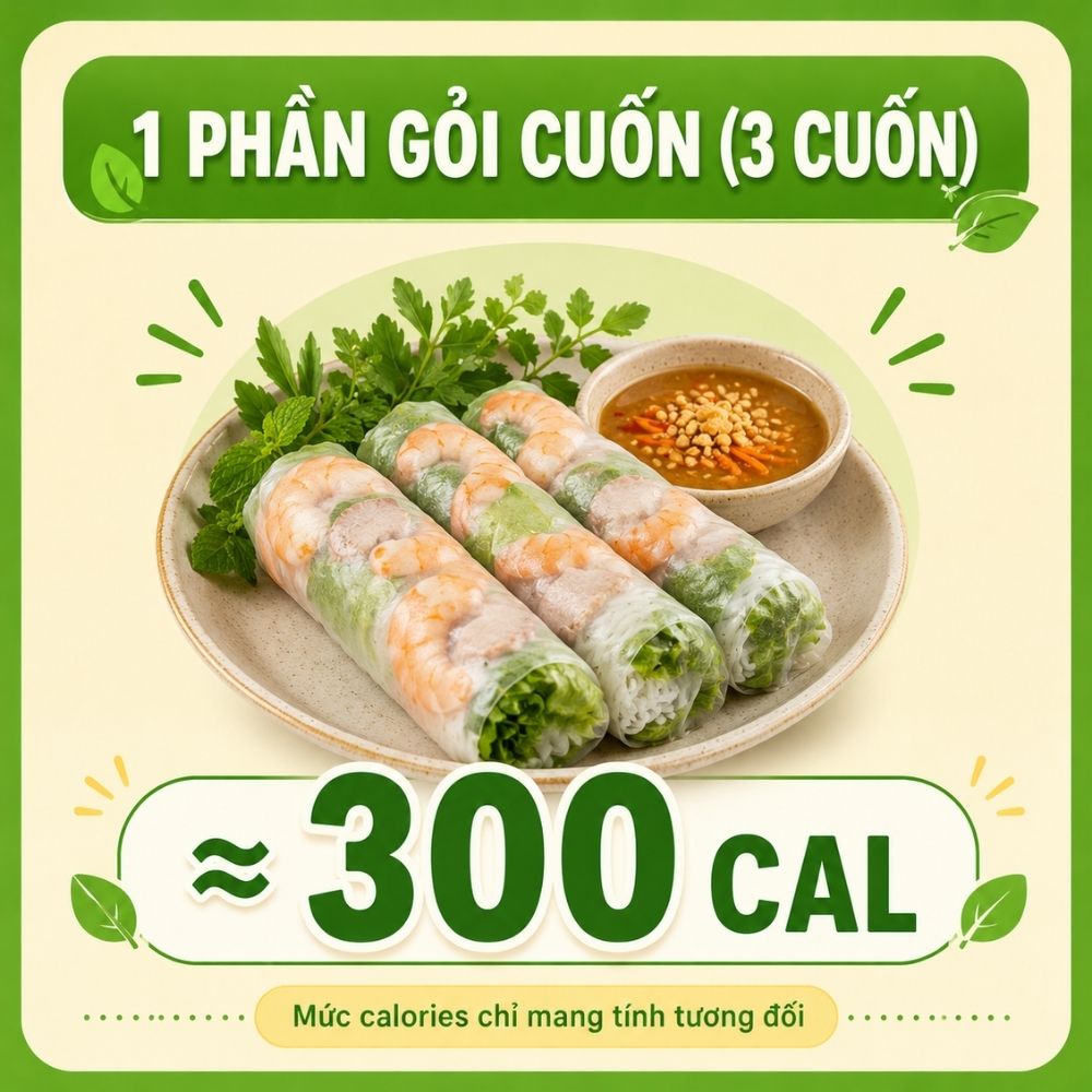 1 phần gỏi cuốn (2 cuốn) - khoảng 300 calorie