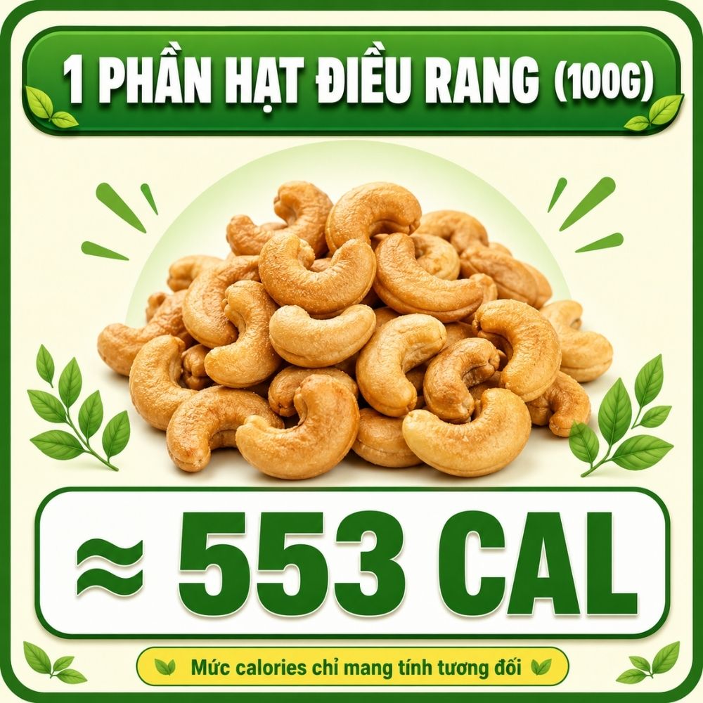 100g hạt điều rang - khoảng 553 calorie