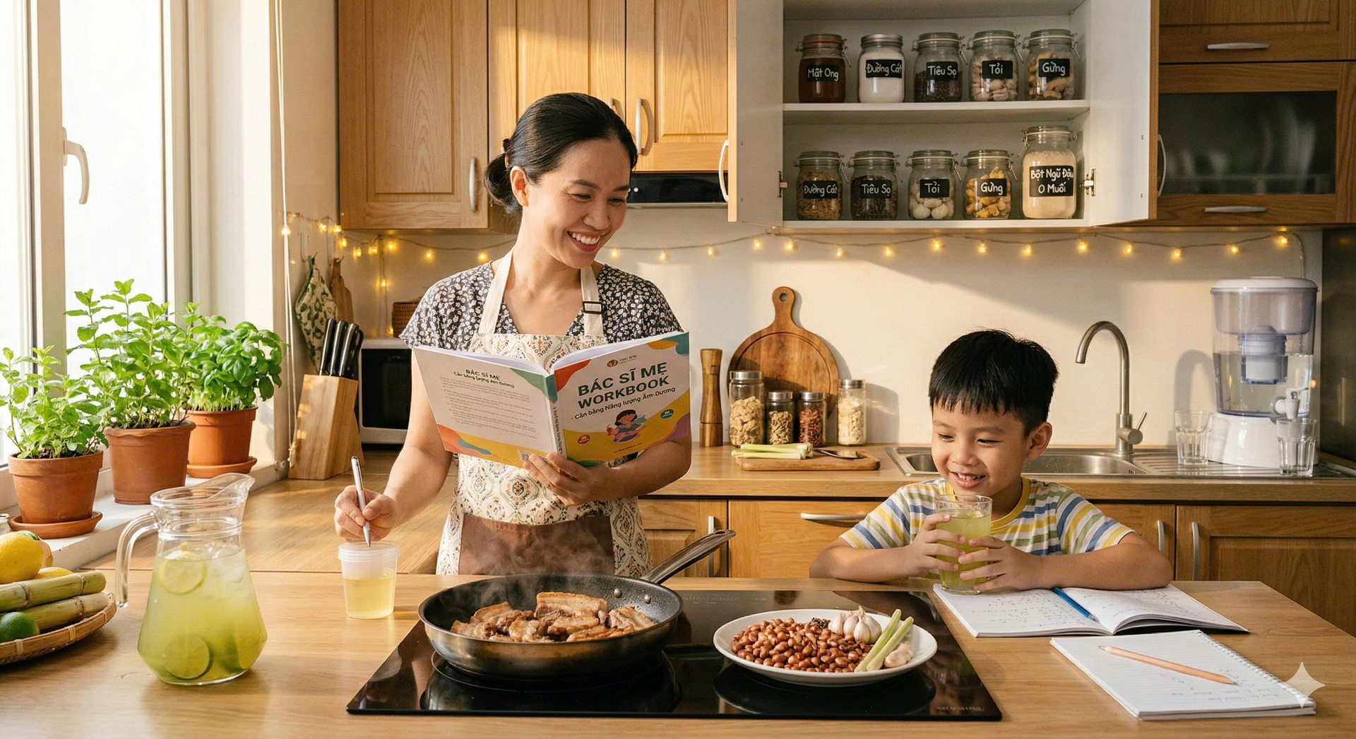Bác sĩ mẹ thực hành cùng Workbook tại gian bếp