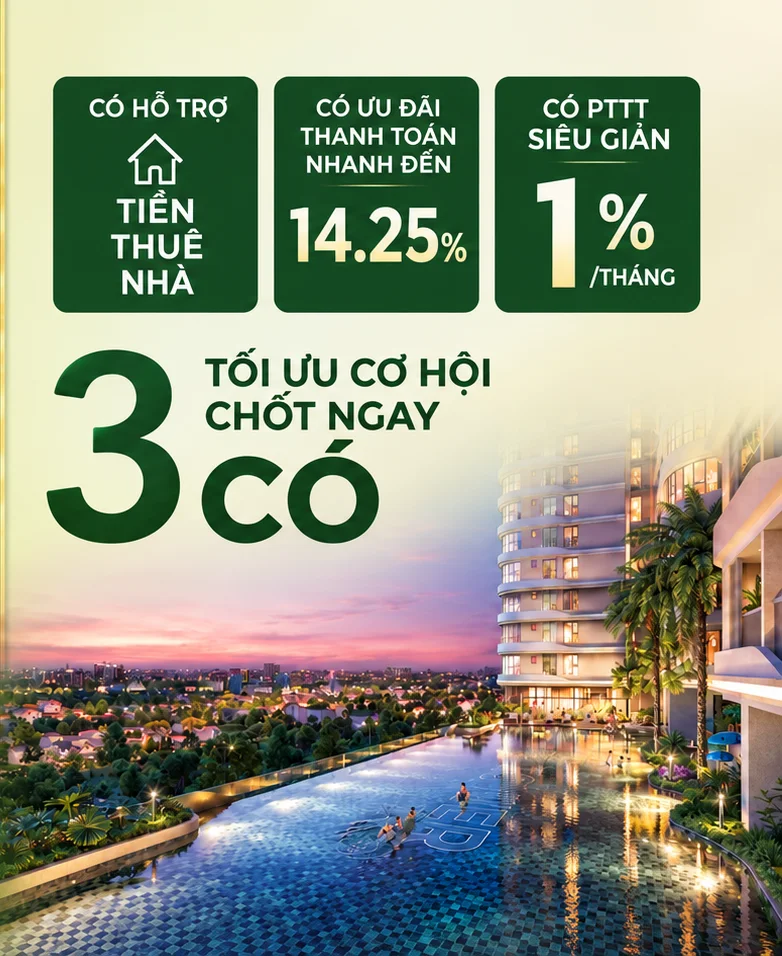 3 CÓ – tối ưu cơ hội, chốt ngay: có hỗ trợ tiền thuê nhà, có ưu đãi thanh toán nhanh đến 14,25%, có phương thức thanh toán siêu giãn 1% mỗi tháng. Phối cảnh hồ bơi A&K Tower lúc hoàng hôn