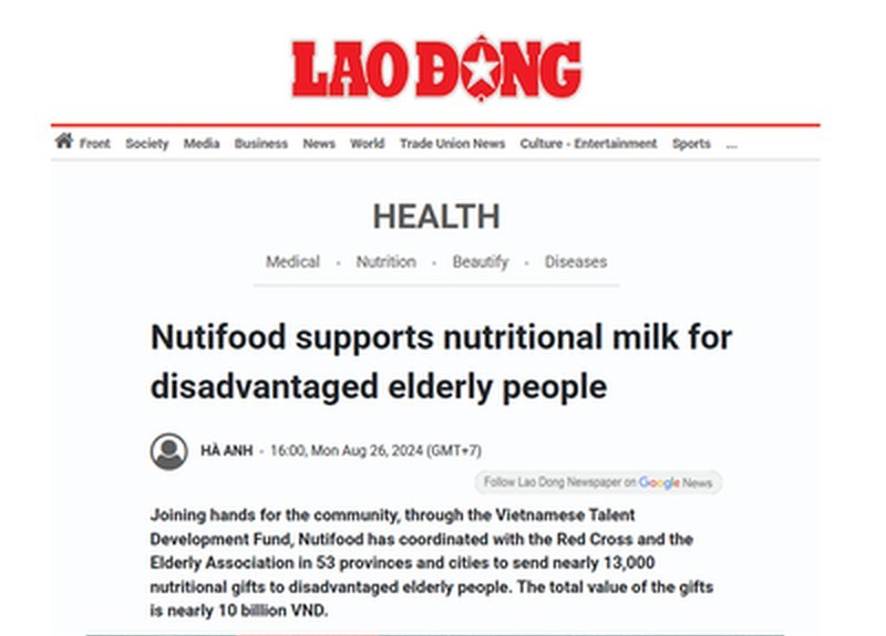 Báo Lao Động đưa tin Nutifood trao tặng sữa cho người cao tuổi khó khăn