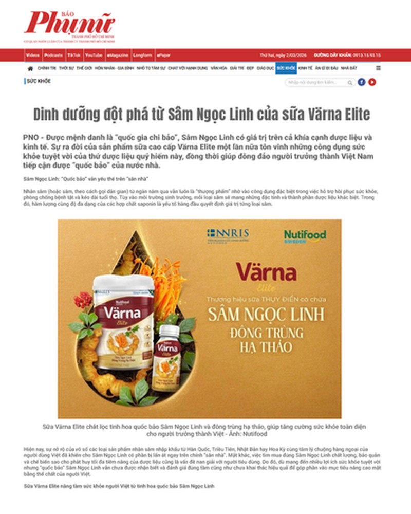 Báo Phụ Nữ TP.HCM đưa tin Värna Elite