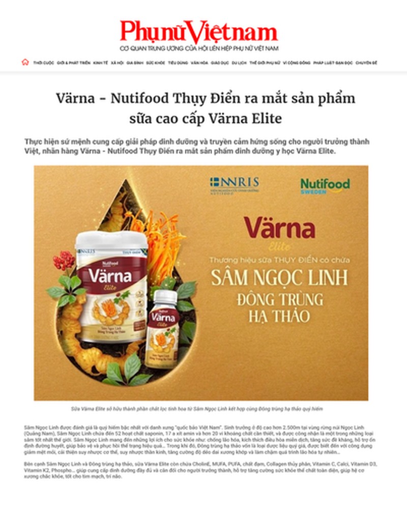 Báo Phụ Nữ Việt Nam đưa tin Värna Elite