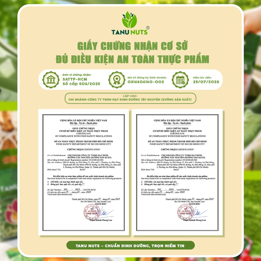 Giấy chứng nhận cơ sở đủ điều kiện an toàn thực phẩm TANU NUTS