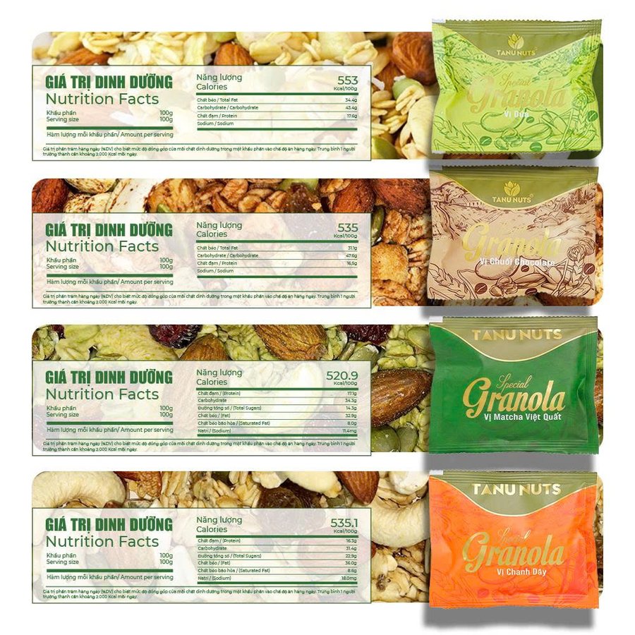Bảng giá trị dinh dưỡng 4 hương vị Granola