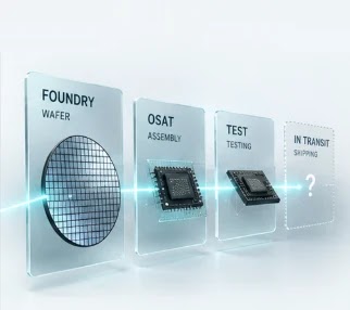 Sơ đồ tiến độ 4 trạm WIP: Foundry Wafer, OSAT Assembly, Test Testing, In Transit Shipping