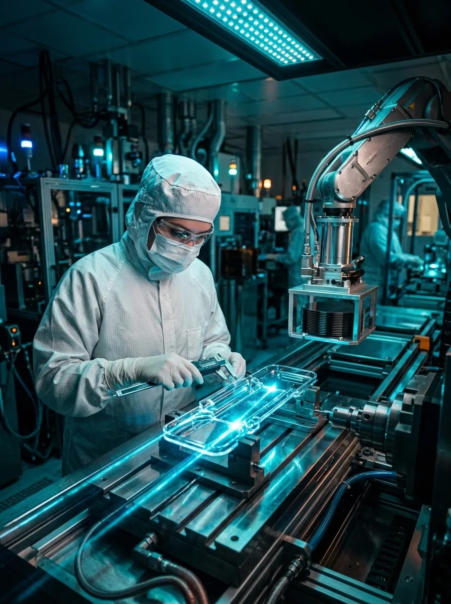 Kỹ sư kiểm tra linh kiện chính xác bên trong buồng cleanroom bán dẫn với robot AMHS và ánh đèn UV