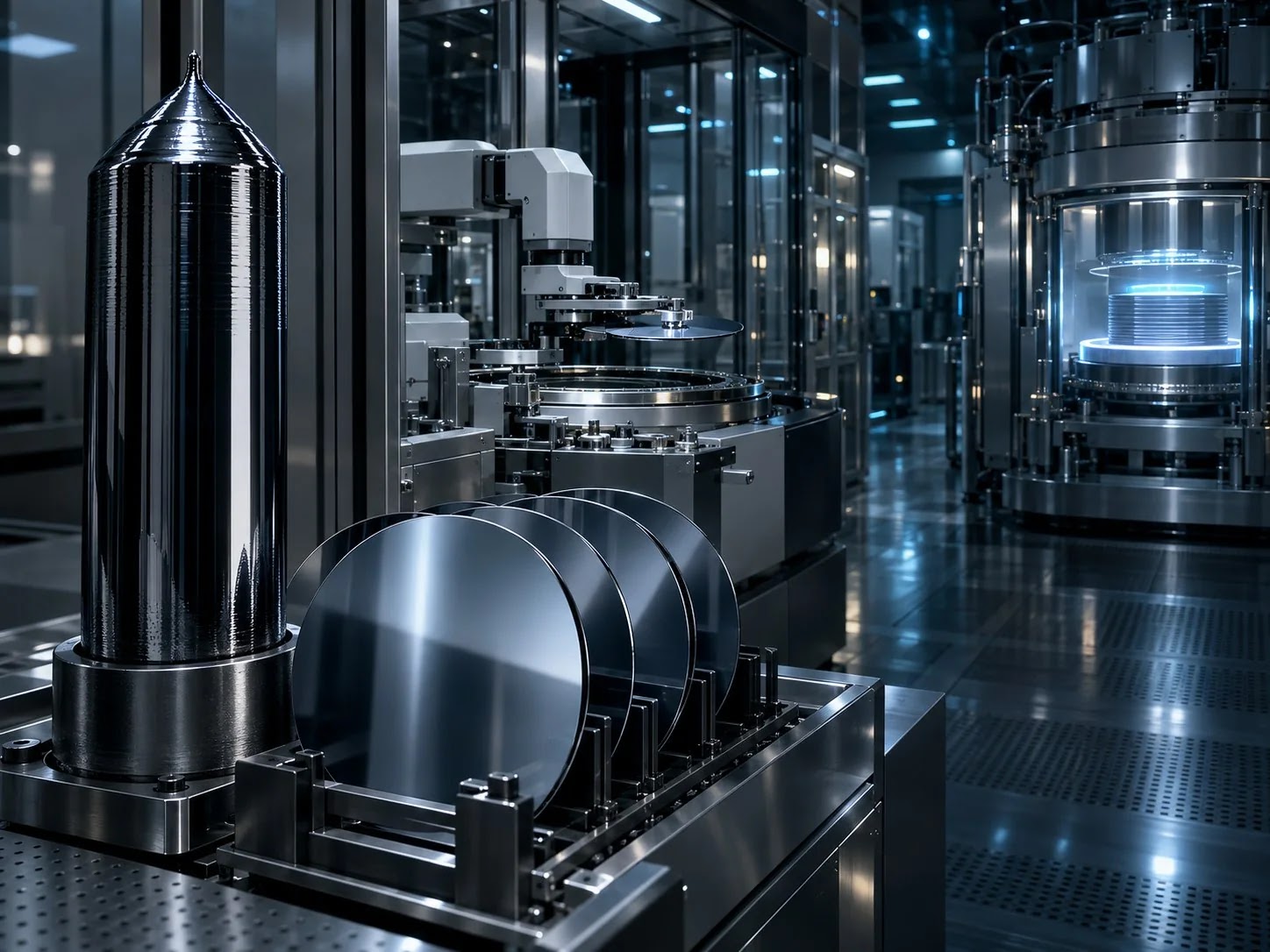 Minh họa hành trình vật liệu silicon từ tinh thể, wafer đến thiết bị epitaxy trong nhà máy bán dẫn
