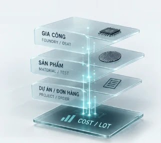Sơ đồ 4 khay chi phí: Gia công Foundry/OSAT, Sản phẩm Material/Test, Dự án/Đơn hàng Project/Order, Cost/Lot