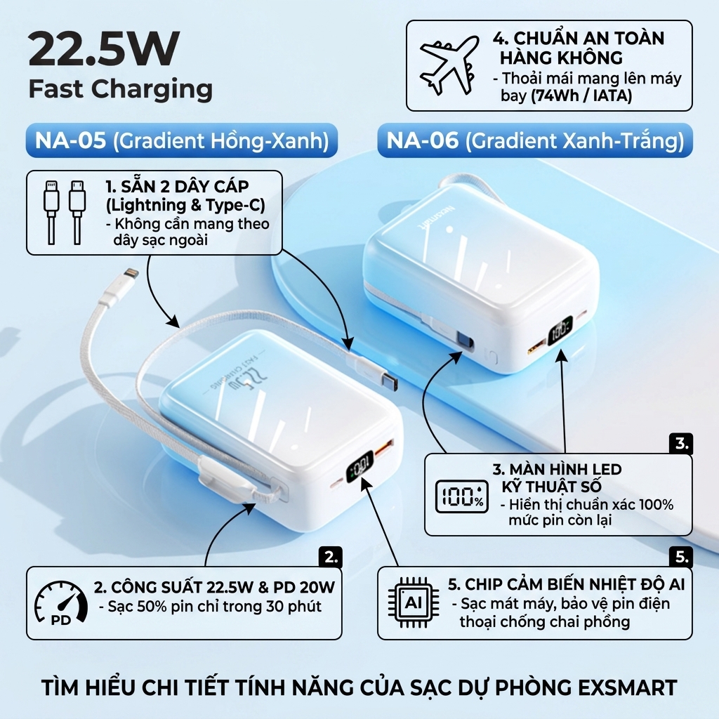 Chi Tiết Tính Năng Sạc Dự Phòng ExSmart NA-05 & NA-06 Tiếng Việt
