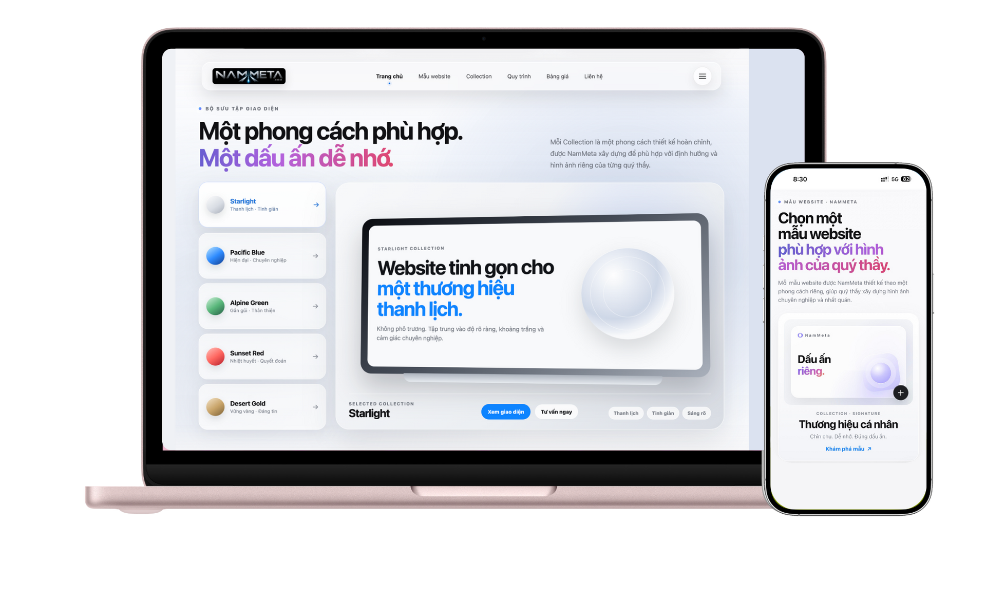 MacBook và iPhone hiển thị giao diện NamMeta