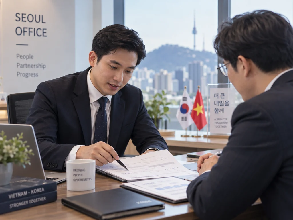 Doanh nhân Việt Nam làm việc với đối tác Hàn Quốc tại văn phòng Seoul