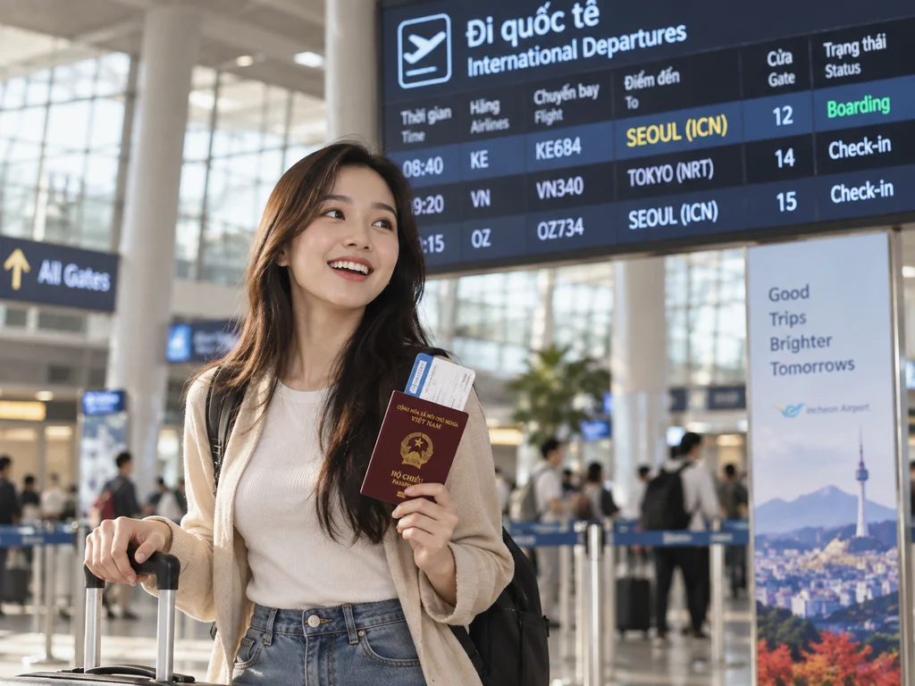 Khách du lịch Việt Nam tại sân bay chuẩn bị bay đi Hàn Quốc