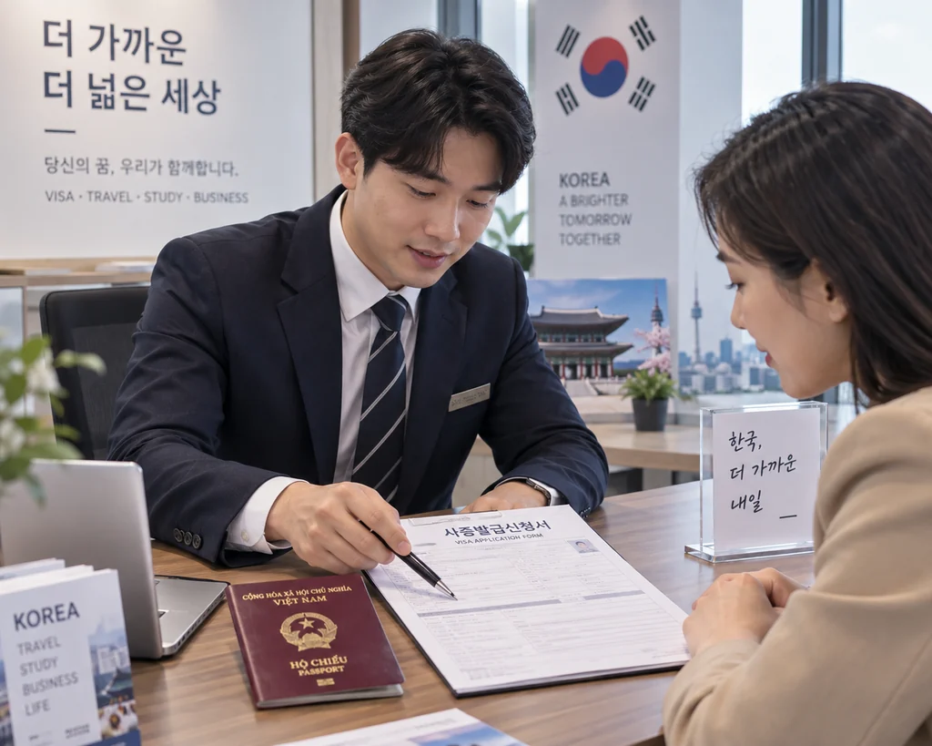 Chuyên viên Visa Minh Quân rà soát đơn xin cấp thị thực Hàn Quốc cùng khách hàng