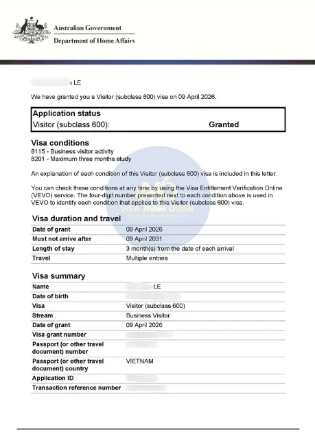 Thư cấp visa Úc subclass 600 của khách hàng Visa Minh Quân, thông tin cá nhân đã được che
