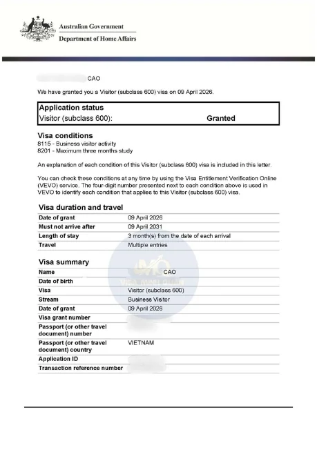 Thư cấp visa Úc diện Visitor 600 của khách hàng Visa Minh Quân, thông tin cá nhân đã được che
