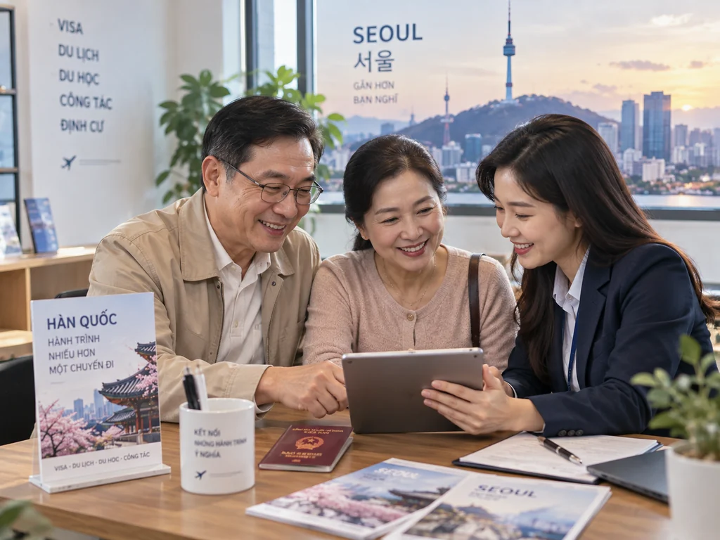 Gia đình người Việt được tư vấn hồ sơ visa thăm thân Hàn Quốc, phía sau là khung cảnh Seoul