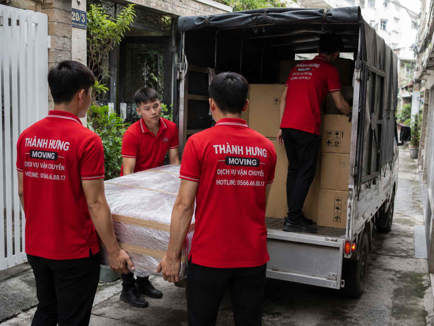 Xe tải Thành Hưng Moving và gia chủ vui vẻ