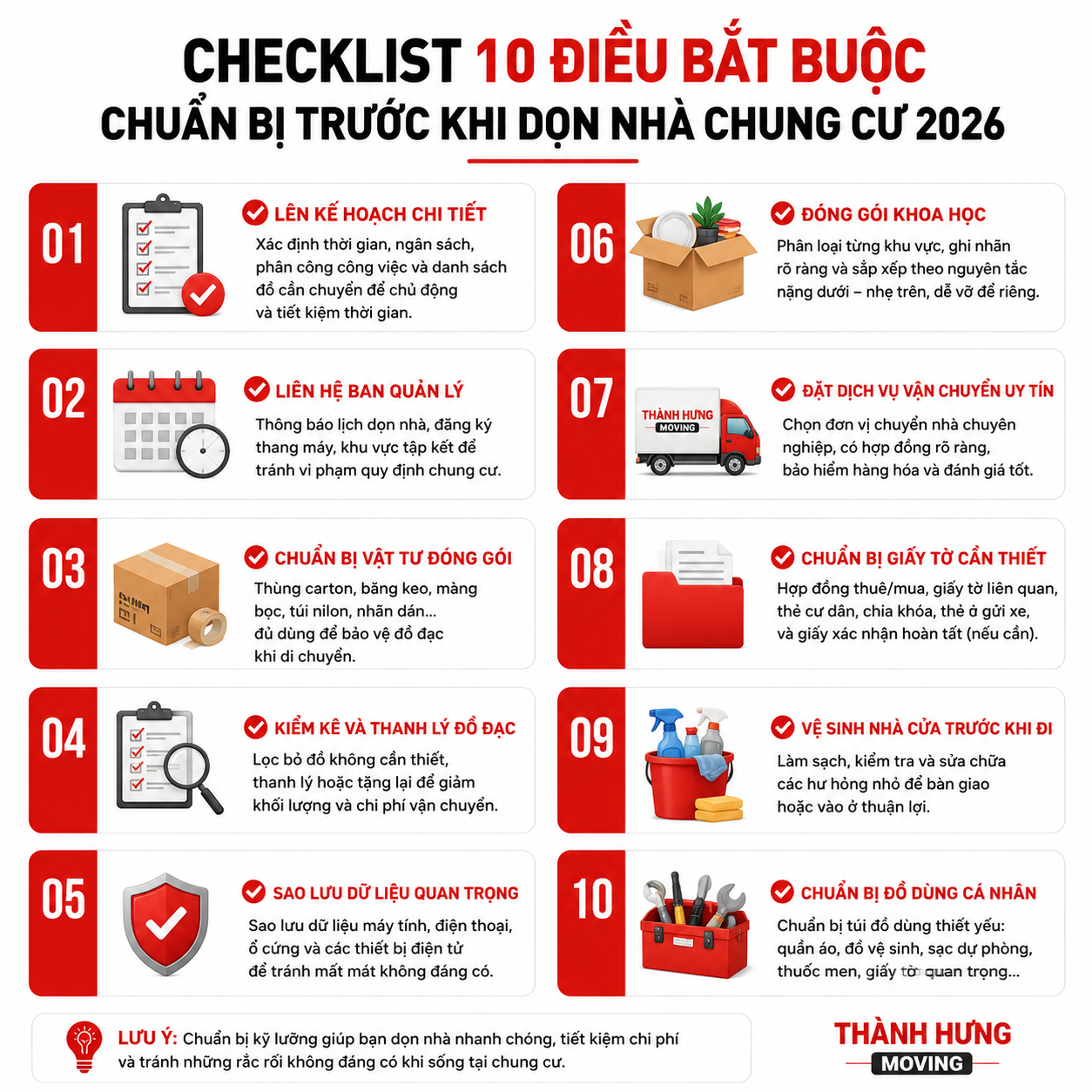 Checklist 10 điều bắt buộc chuẩn bị trước khi dọn nhà chung cư 2026