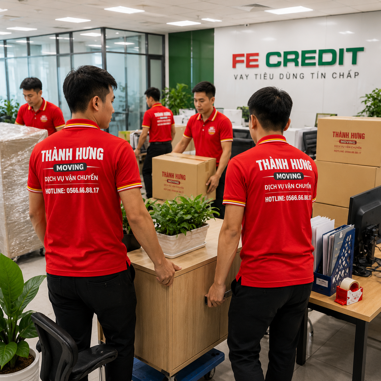 Đội thợ Thành Hưng đang đóng gói văn phòng