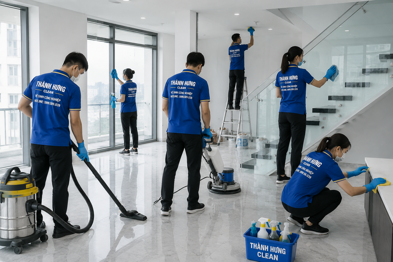 Đội thi công vệ sinh sau xây dựng Thành Hưng Clean