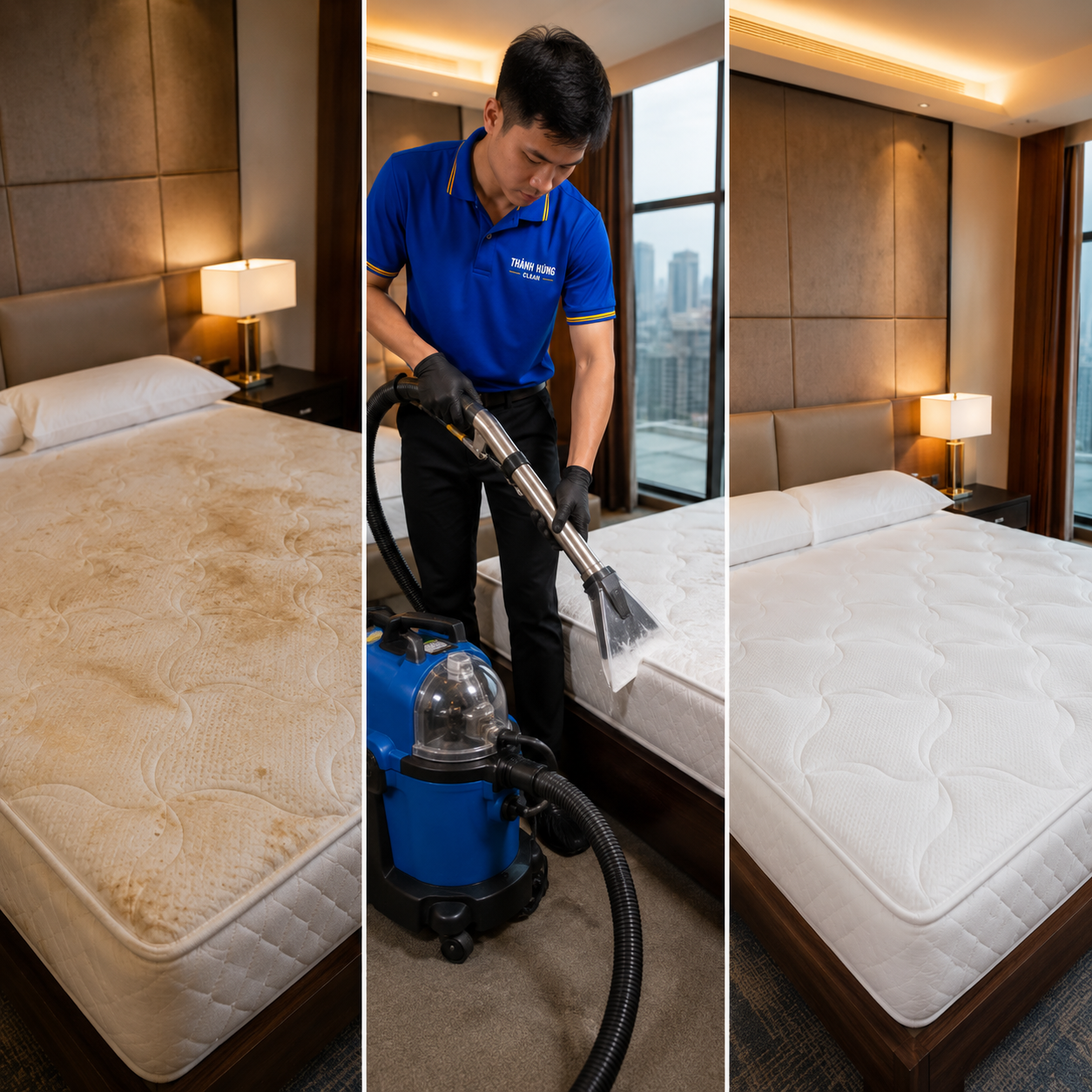 Hình ảnh thực tế trước sau khi giặt nệm khách sạn cho khách hàng tại Quận 2