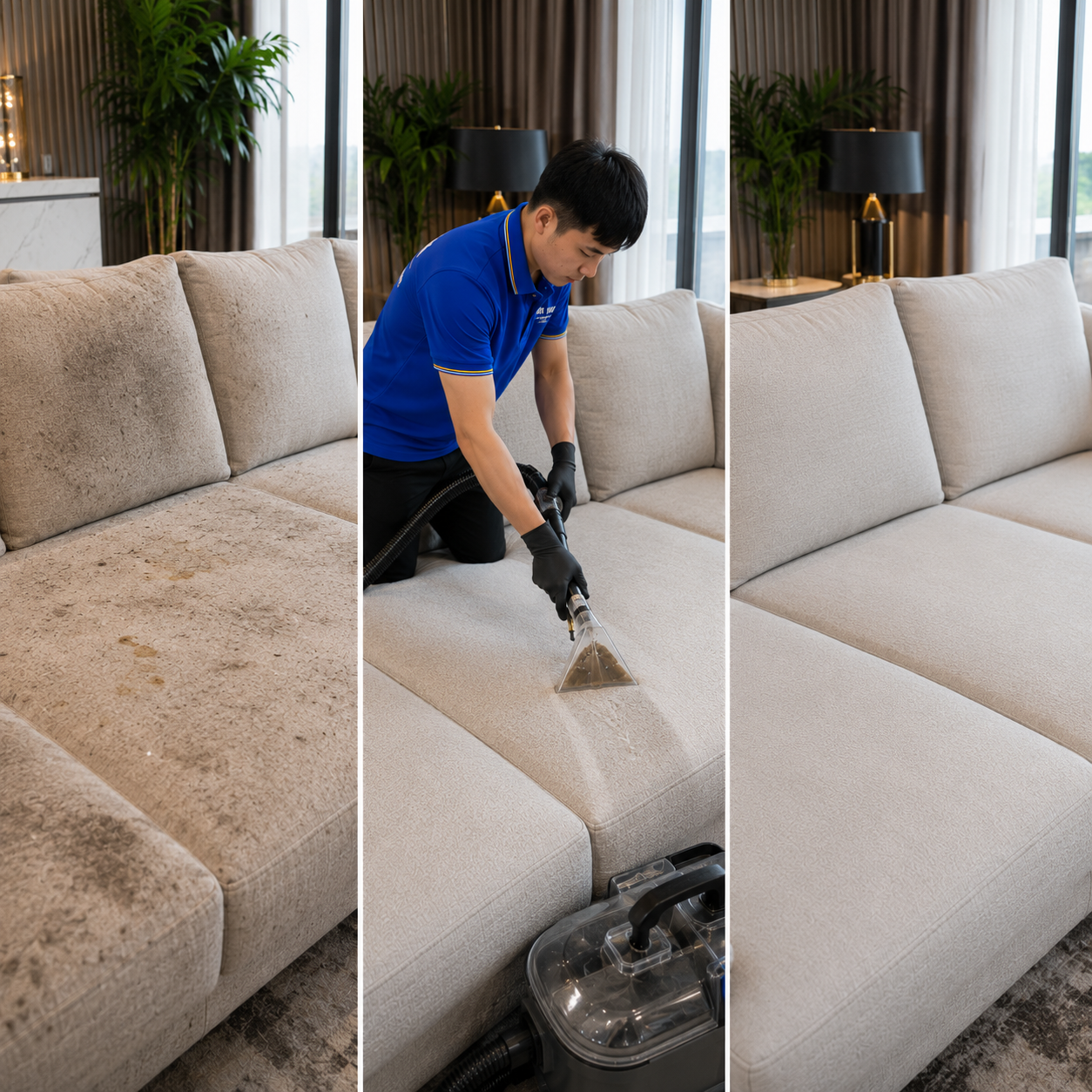 Hình ảnh thực tế trước sau khi giặt sofa cho khách hàng tại Quận 1