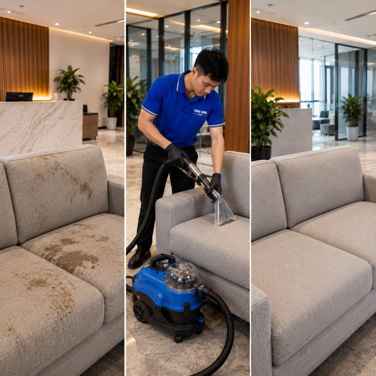 Hình ảnh thực tế trước sau khi giặt sofa văn phòng cho khách hàng tại Gò Vấp