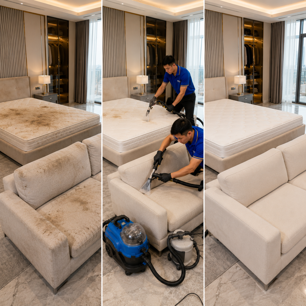Hình ảnh thực tế trước sau khi tổng vệ sinh giặt nệm và sofa cho khách hàng tại quận 8