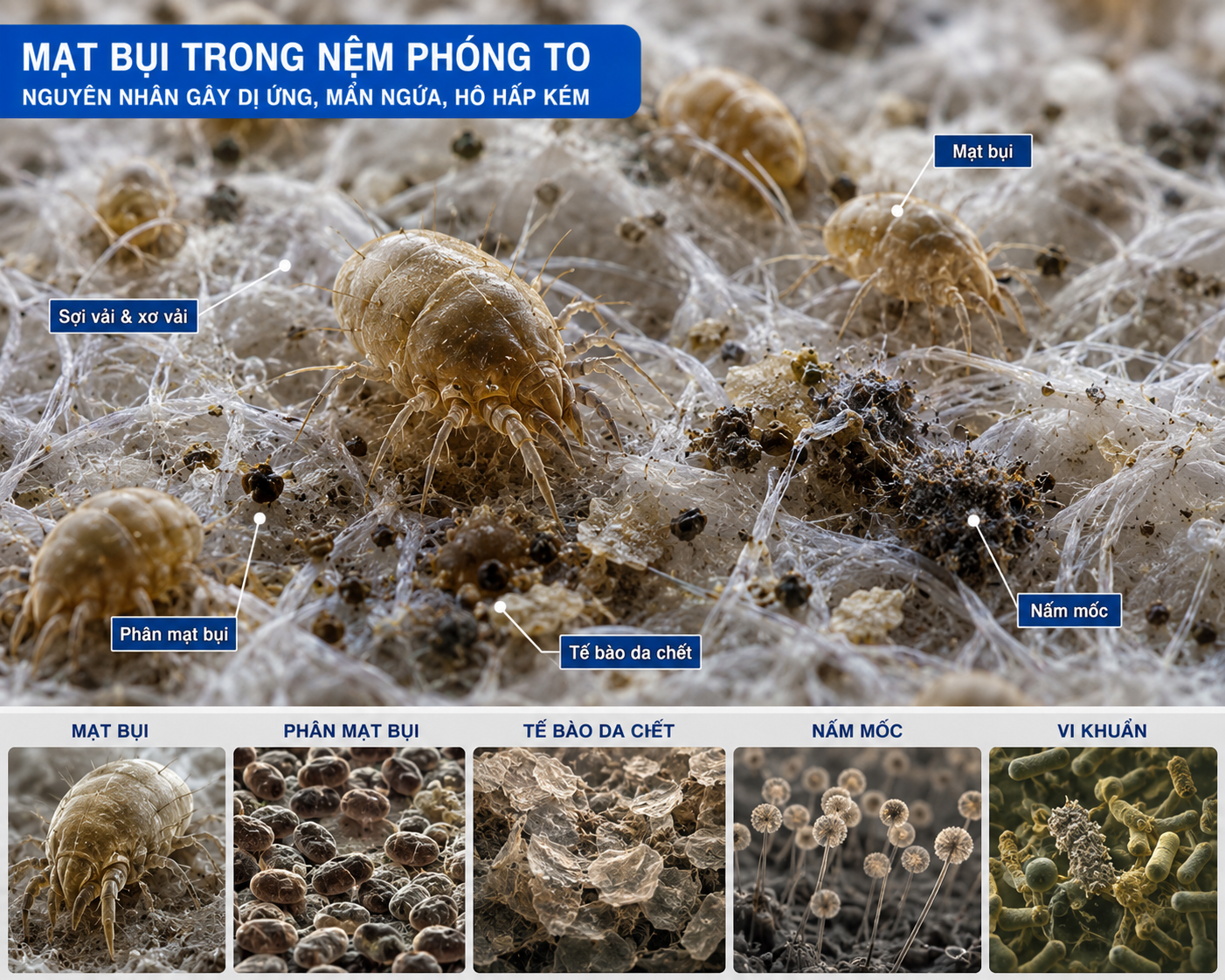Hình ảnh mạt bụi phóng to trong nệm