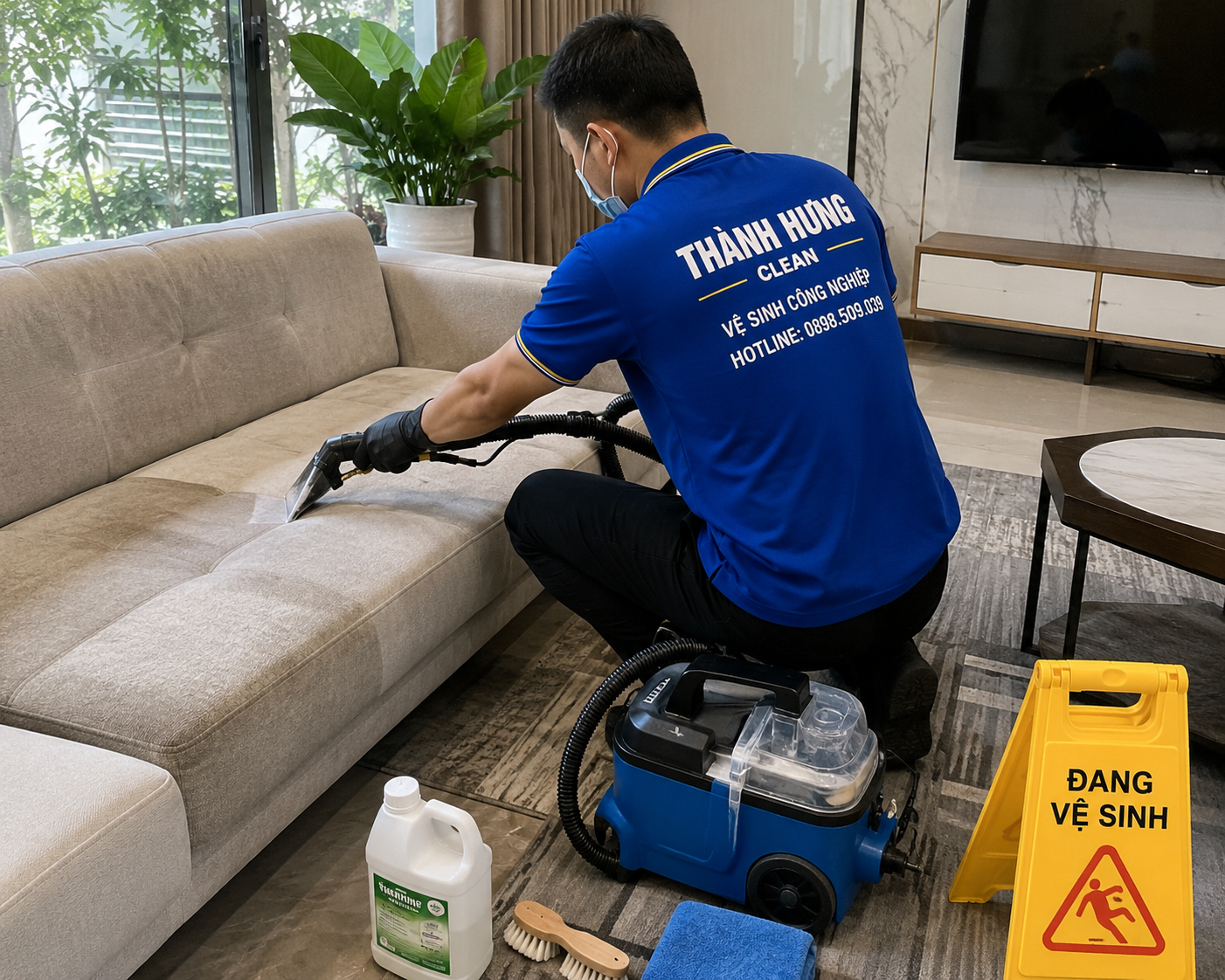 Kỹ thuật viên Thành Hưng Clean đang giặt sofa tại nhà khách hàng