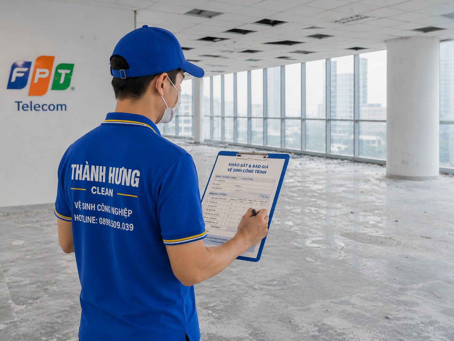 Kỹ thuật viên Thành Hưng Clean khảo sát và báo giá vệ sinh công trình