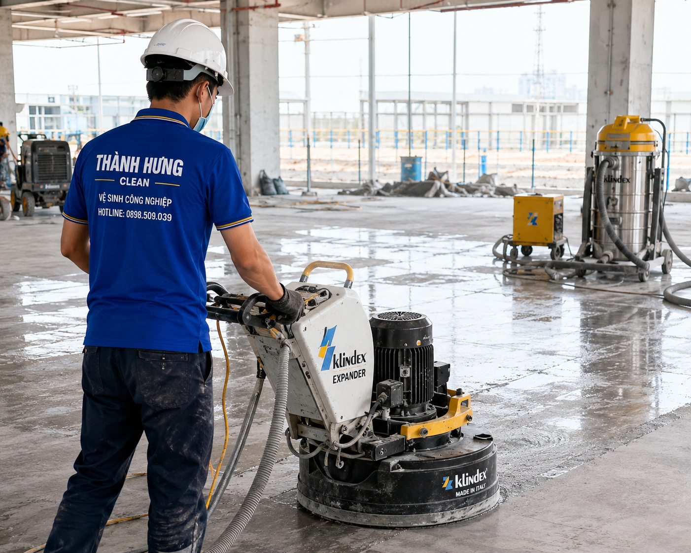 Máy mài sàn công nghiệp Klindex Italy – Thành Hưng Clean vận hành tại công trường