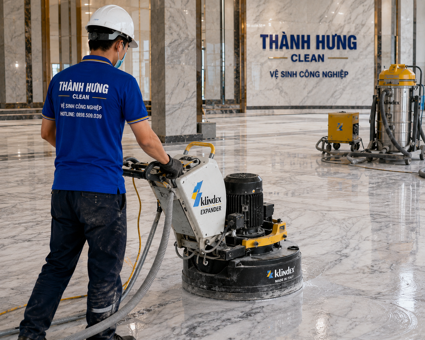Máy mài sàn Klindex Italy đang mài đá Marble – Thành Hưng Clean